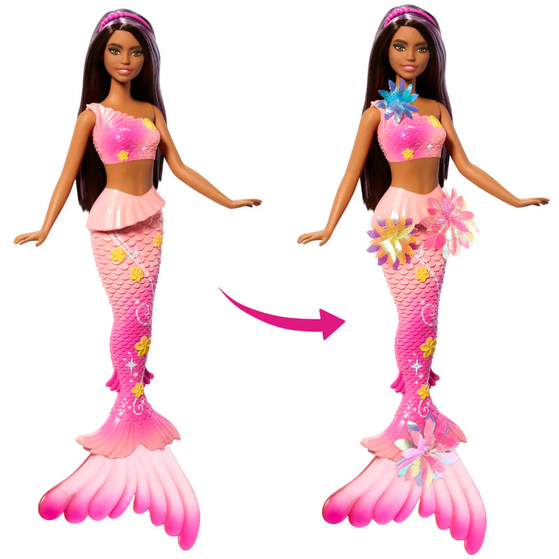 Lyserød Barbie havfrue med mørkt hår.