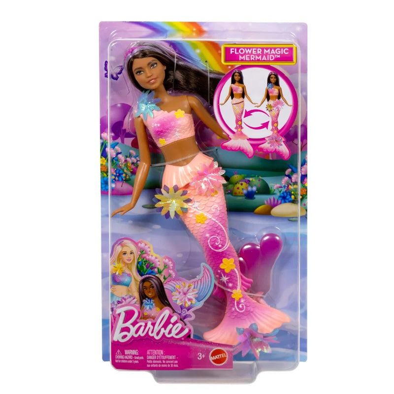 Lyserød Barbie havfrue med mørkt hår.