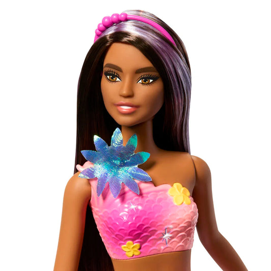 Lyserød Barbie havfrue med mørkt hår.