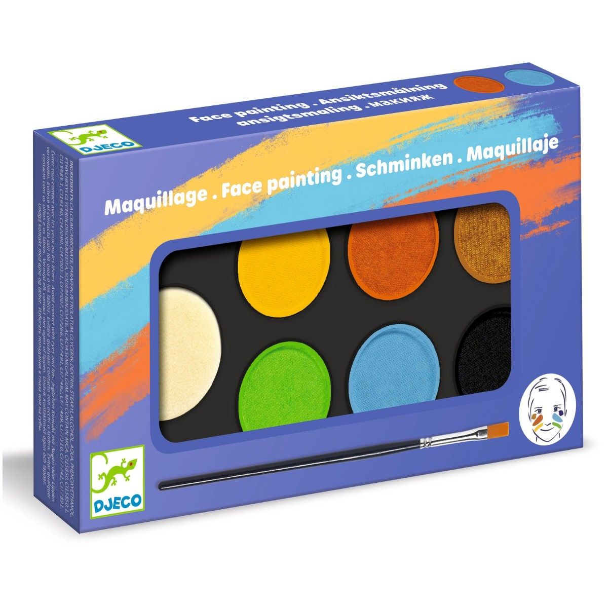 Ansigtsmaling i alle nødvendige farver, som hvid, sort, grøn, blå. guld, rød og brun.