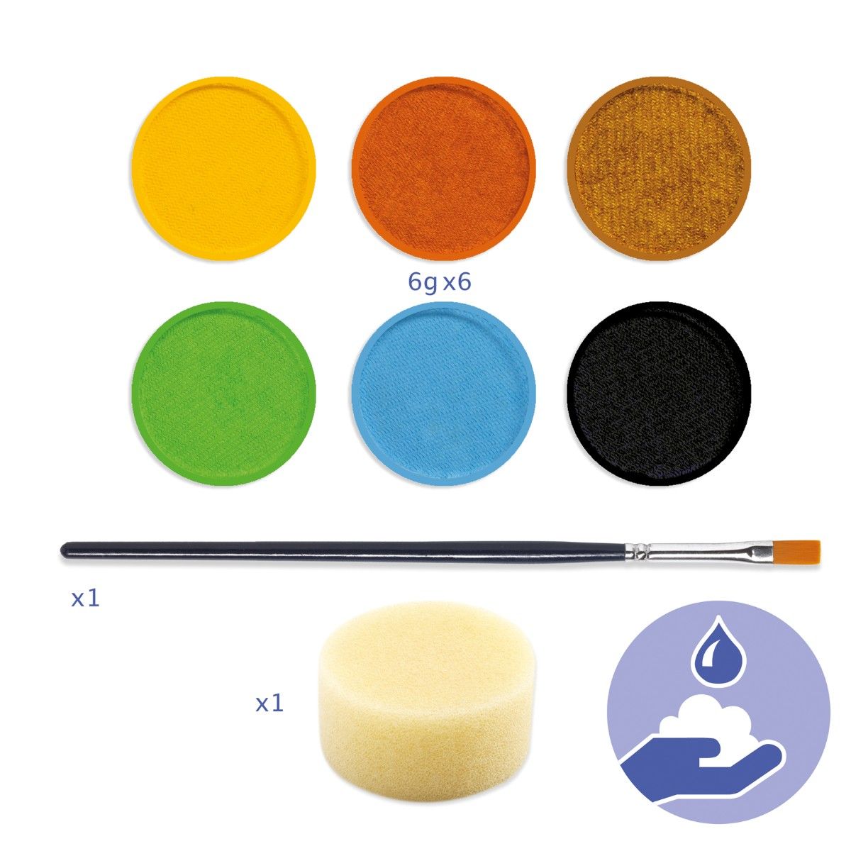 Ansigtsmaling i alle nødvendige farver, som hvid, sort, grøn, blå. guld, rød og brun.