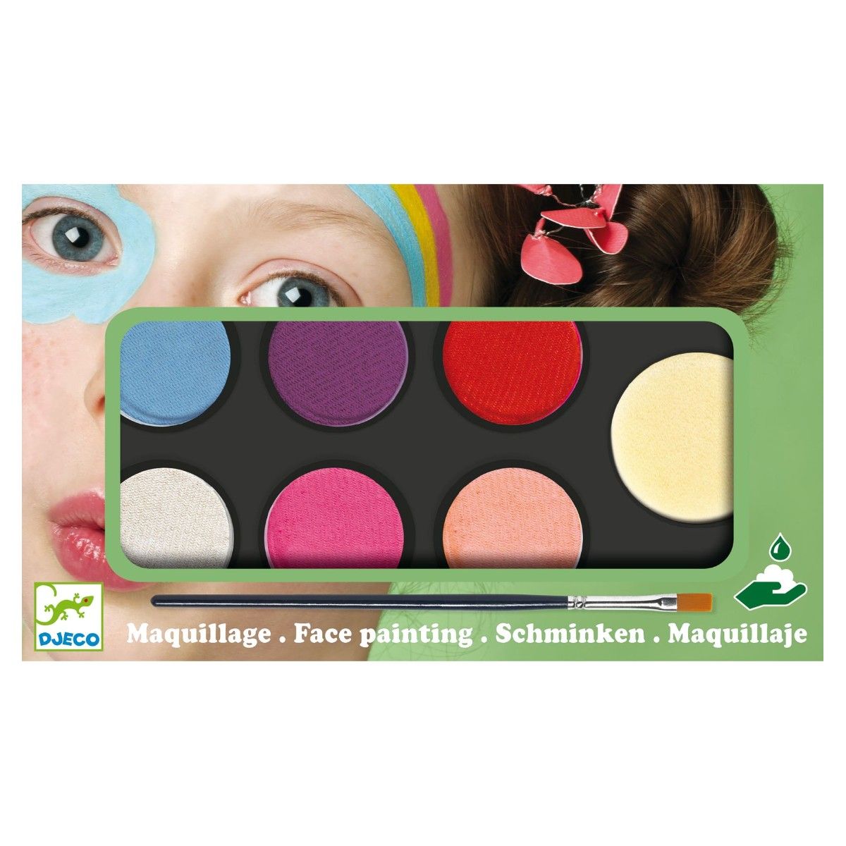 Ansigtsmaling med lyseblå, lilla, rød, sølv, pink, fersken og cremefarvet maling, samt en pensel.