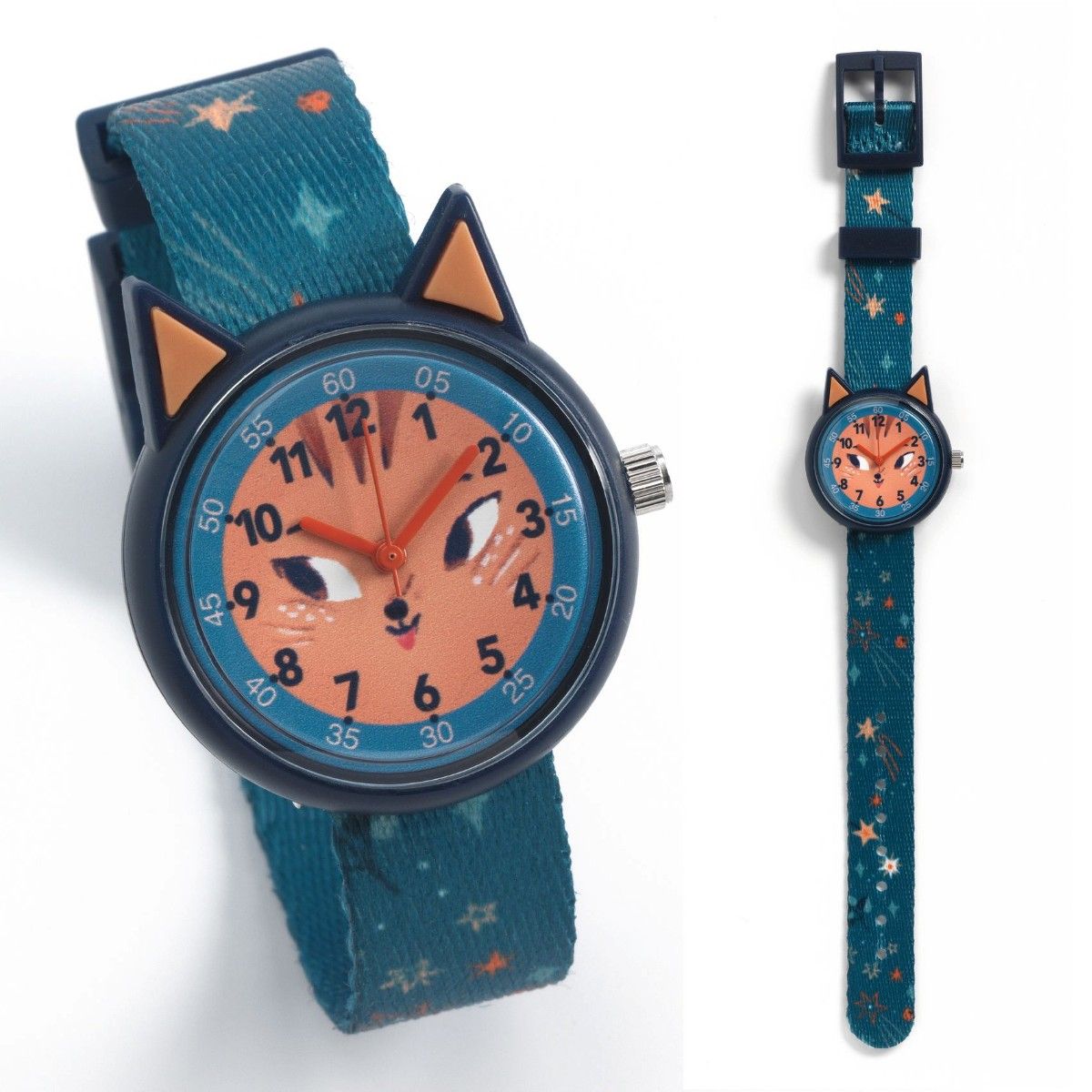 Blåt armbåndsur til børn med tydelige minutangivelser og et katte ansigt i midten og små ører.