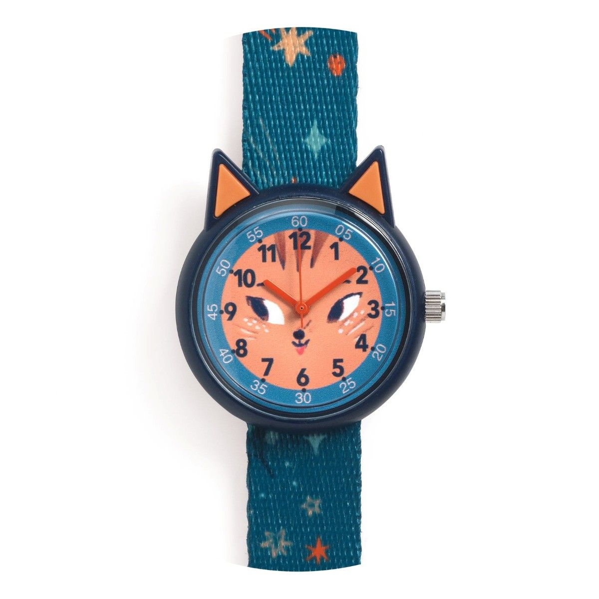 Blåt armbåndsur til børn med tydelige minutangivelser og et katte ansigt i midten og små ører.