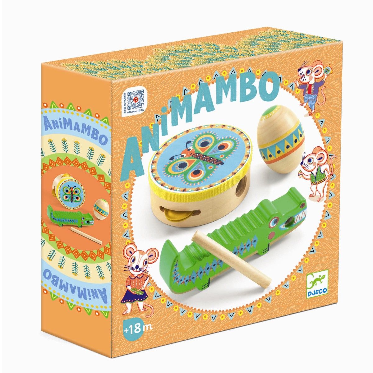 Musikalsk sæt med 3 instrumenter fra Djeco. Indeholder tamburin, rytmeæg og guiro.