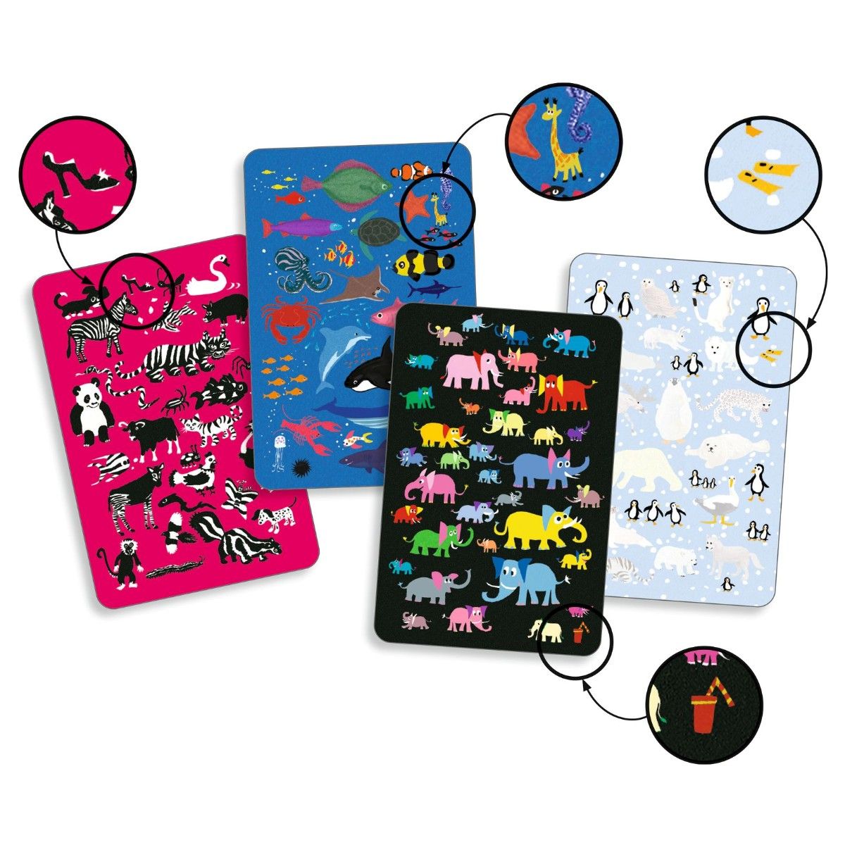 Kortspil, hvor det handler om at finde det dyr, som skilder sig ud.