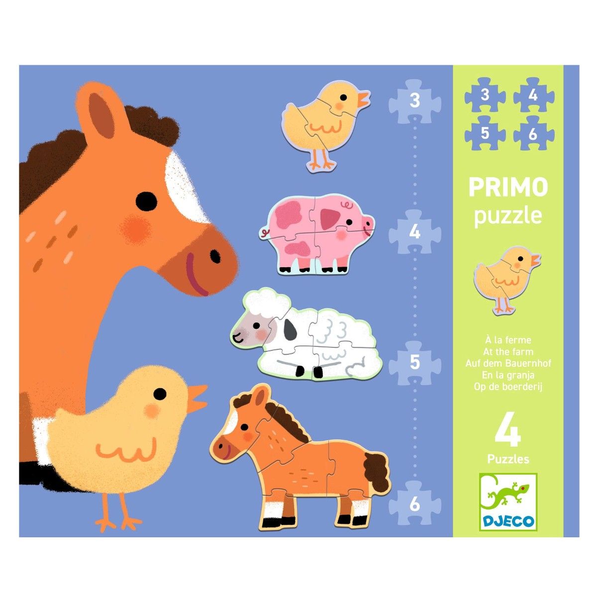 Puslespil i 4 niveauer med stigende antal brikker. Puslespillet har bondegårdstema.