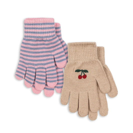 Konges Sløjd Filla 2-pak handsker 5-8 år, Cherry/Stripe