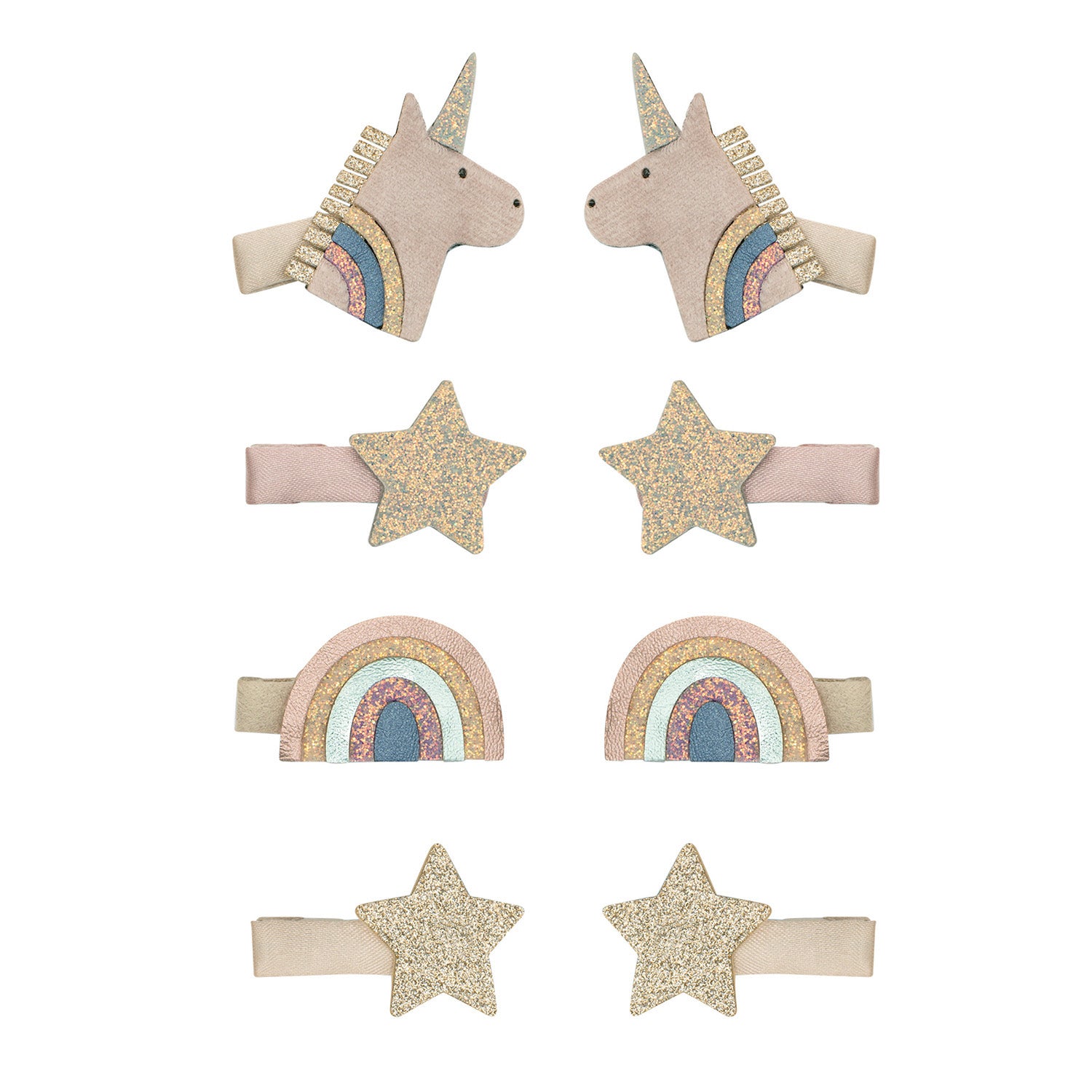 Hårclips med stjerner, unicorns og regnbuer.