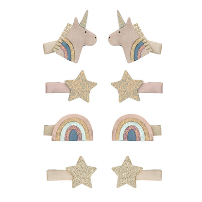 Hårclips med stjerner, unicorns og regnbuer.