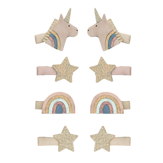 Hårclips med stjerner, unicorns og regnbuer.