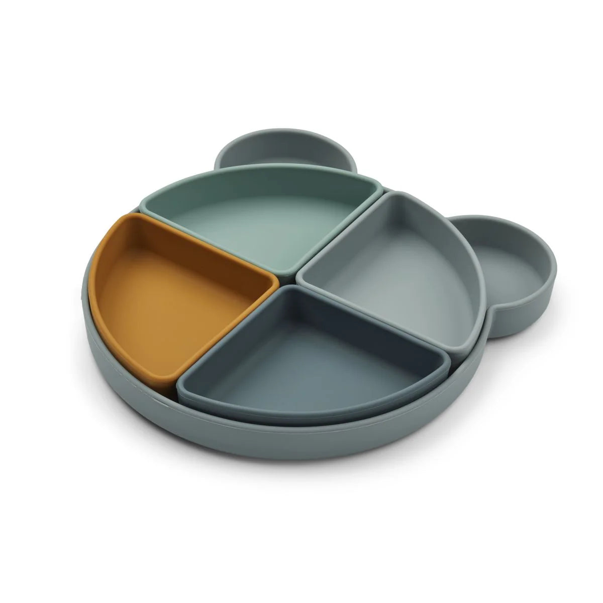 Liewood arne ruminddelt tallerken. Den ruminddelte Arne tallerken har fire inviduelle skåle, der kan tages ud og bruges for sig