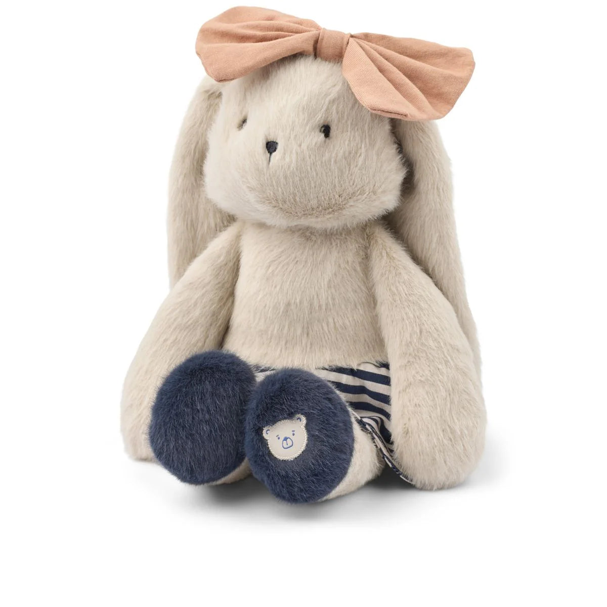 Liewood babette kaninbamse med blå og hvid stribet nederdel. Kaninen har en fin lyserød sløjfe på hovedet