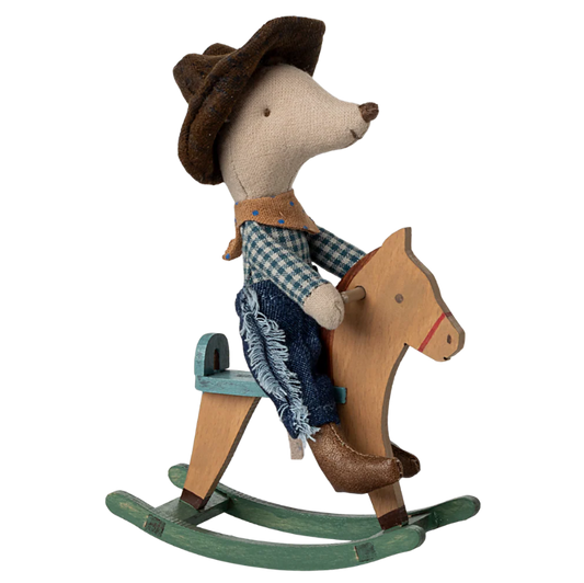 Maileg cowboymus på gyngehest.