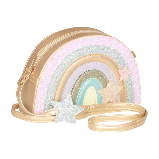 Guld regnbue skuldertaske med glitter.