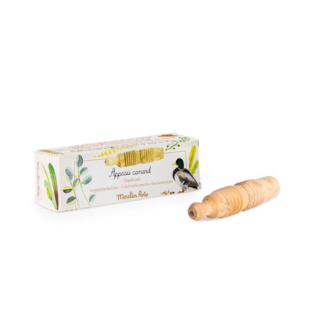 Moulin Roty fuglefløjte Gråand. Produktet ses ved siden af dens æske