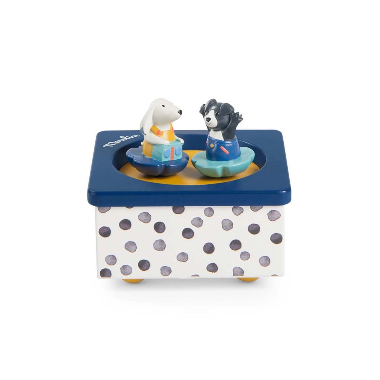 Spilledåse med roterende dyr. Produktet er fra Moulin Roty