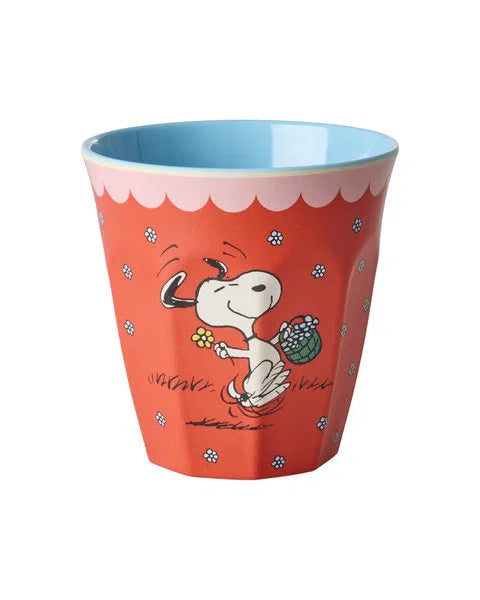 Rice Melamin Mellem Kop - Rød - Snoopy med blomster