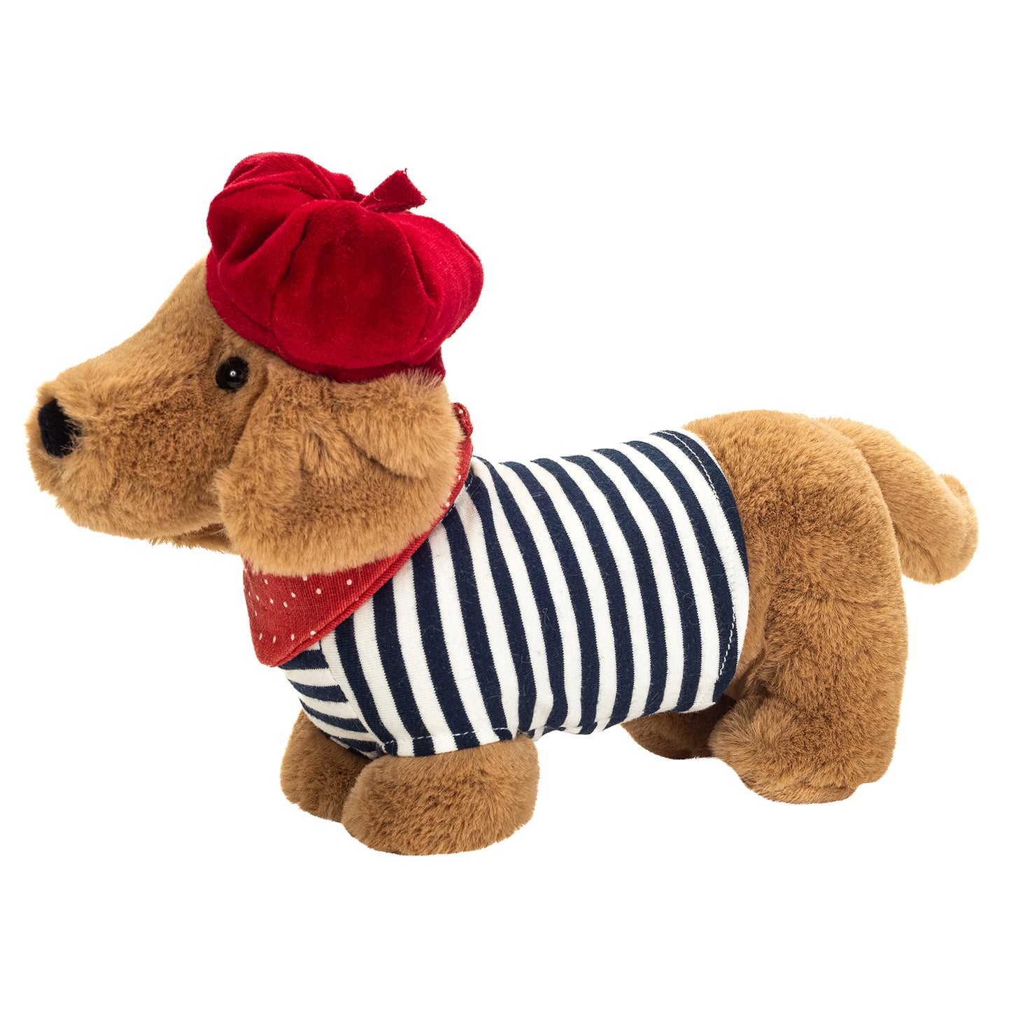 Gravhund bamse med stribet bluse, rødt tørklæde og en rød hat. Den er fra Teddy Hermann og er 26 cm