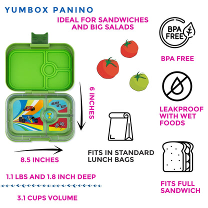 Yumbox Panino 4 rum, green/race cars