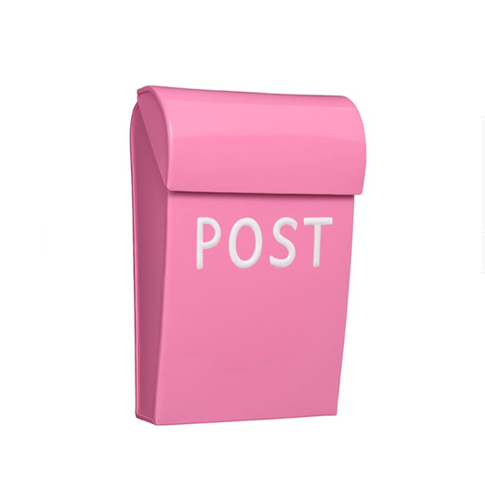 Mørke rosa postkasse med hvid skrift.